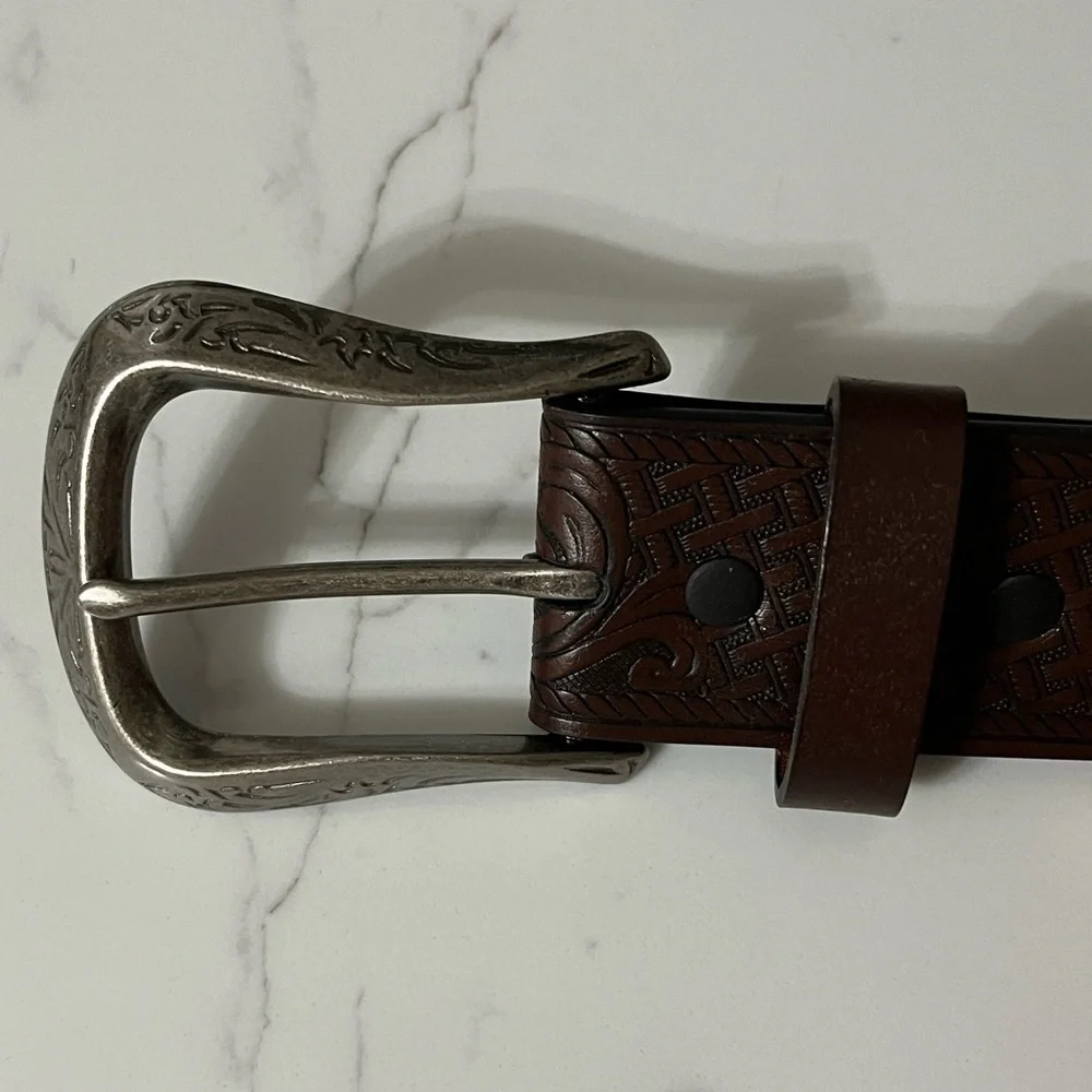 Genuine Leather Tooled Dark Brown Western Belt Deer in Forest Silver Tone Buckle